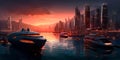 futuristic harbor with advanced boats and ships docked amidst a beautiful city skyline. Generative AI