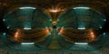 Futuristic Hdri interior corridor with green orange neon lights. 360 degree panoramic view of triangle shaped spaceship background