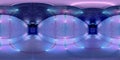 Futuristic HDRI underground interior with glowing blue and pink neon light tubes reflecting on walls and floor. 360 panorama