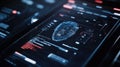 Futuristic head up display showing face recognition and cyber security data analysis