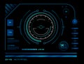 Futuristic head up display is showing progress, code information, radar and different metrics, with a dark background