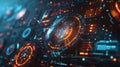 Futuristic head up display showing rotating planet earth and data analysis