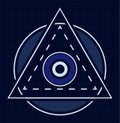 Futuristic heads up display user interface showing triangle, circle and eye on blueprint background, perfect for