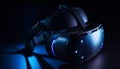 Futuristic headset with blue digital display for virtual reality simulation generated by AI