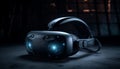 Futuristic headset equipment for virtual reality simulator in dark background generated by AI