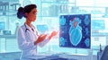 In futuristic healthcare setting skilled woman doctor analyzes intricate digital heart hologram data