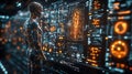 futuristic healthcare system featuring AI driven humanoid robot analyzing data on digital interface. scene conveys advanced