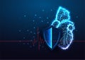 Futuristic heart protection, cardiology concept banner with glowing anatomical heart and shield