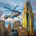 Futuristic helicopter flying past a golden skyscraper Royalty Free Stock Photo