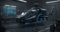 Futuristic Helicopter Prototype in High-Tech Hangar with Glowing Neon Accents Royalty Free Stock Photo