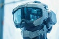 Futuristic helmet with VR technology, showcasing advanced virtual reality and sleek design.