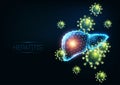 Futuristic hepatitis infectious disease concept with glowing low polygonal human liver with virus cells