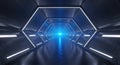Futuristic hexagonal corridor with bright blue light at the end Royalty Free Stock Photo