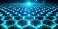 Futuristic hexagonal grid illuminated network of interconnected nodes extending towards a distant light source. Generative AI Royalty Free Stock Photo