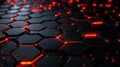A futuristic hexagonal mesh with glowing red lines and dark black background, symbolizing secure,