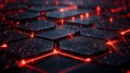 A futuristic hexagonal mesh with glowing red lines and dark black background, symbolizing secure,