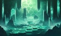 Futuristic hexagonal pathway in mystical glowing cave with crystal formations