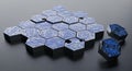 A futuristic hexagonal pattern of blue circuit board designs arranged in a geometric grid on a neutral grey background for Royalty Free Stock Photo