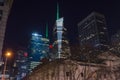 Futuristic High Rise Skyscrapers in Times Square Manhattan, New York City. Bright Lights on New Year`s Eve Royalty Free Stock Photo