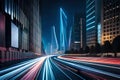Futuristic High Speed Blurred Light Tail At Night City. Based On. Generative AI
