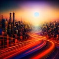 Futuristic high speed blurred light tail at night city. Based on Generative AI