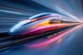 Futuristic high-speed sleek train racing through illuminated tunnel with vibrant neon reflections and dynamic motion blur effect Royalty Free Stock Photo