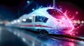 Futuristic high-speed train with digital glowing effects symbolizing innovation and smart transportation Royalty Free Stock Photo