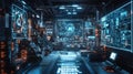 Futuristic high-tech command center with holographic screens and advanced technology interfaces
