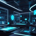 Futuristic High-Tech Control Room Interface Neon Blue Cyber Technology Dashboard Background Royalty Free Stock Photo