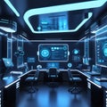 Futuristic High-Tech Control Room Interface Neon Blue Cyber Technology Dashboard Background Royalty Free Stock Photo