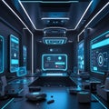 Futuristic High-Tech Control Room Interface Neon Blue Cyber Technology Dashboard Background Royalty Free Stock Photo