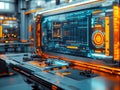 A futuristic, high-tech interior with a large curved monitor showcasing complex digital data, resembling a command