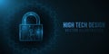 A futuristic high-tech lock made from a computer circuit board. Protected data. Glowing cyber padlock on a background with a