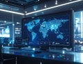 Futuristic Global Data Analytics Control Center with Digital World Map Dashboard and AI Technology Monitoring Workspace Royalty Free Stock Photo