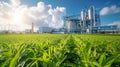 A futuristic hightech facility stands tall against a bright blue sky surrounded by lush green fields and healthy crops