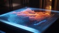 Futuristic hologram displaying glowing orange graph on blue data grid background