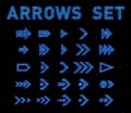 Futuristic Hologram HUD blue vector arrows set. English alphabet with hologram effect. Digital hi-tech style letters and