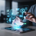 Futuristic hologram interface interacting with digital data on a tablet screen Royalty Free Stock Photo