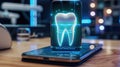 Futuristic hologram of a tooth displayed on a smartphone screen amidst a tech-centric environment.