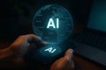 Futuristic holographic ai globe interface with glowing text and human hands interacting with technology Royalty Free Stock Photo