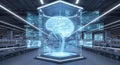 Futuristic holographic brain display in a high tech laboratory with glowing blue lights and data streams Royalty Free Stock Photo