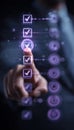 Futuristic Holographic Checklist Interface with Hand Gesture Interaction Royalty Free Stock Photo