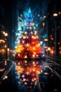 Futuristic holographic Christmas tree illuminated with colorful magical lights. Neon glowing blurred background