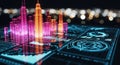 Futuristic Holographic Cityscape with Data Visualizations and Graphs digital Royalty Free Stock Photo