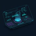 Futuristic holographic computer interface displaying data visualization and analytics. Royalty Free Stock Photo