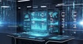 Futuristic holographic control panel displaying AI data, global map, and network connections Royalty Free Stock Photo