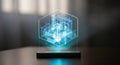 Futuristic holographic cube displaying digital data and information Royalty Free Stock Photo