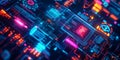 A futuristic holographic cybersecurity hub, displaying glowing AI-driven encryption algorithms,