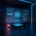Futuristic Holographic Data Interface in Dark Room Royalty Free Stock Photo