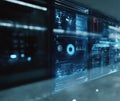 Futuristic Holographic Data Interface with Digital Graphs and Analytics Information Display on Transparent Glass Screen in Dark Royalty Free Stock Photo